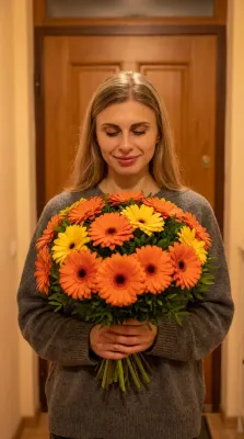 Дом — букет оранжевых гербер, взгляд вниз