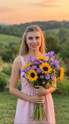 Закат на природе — подсолнухи и фиолет