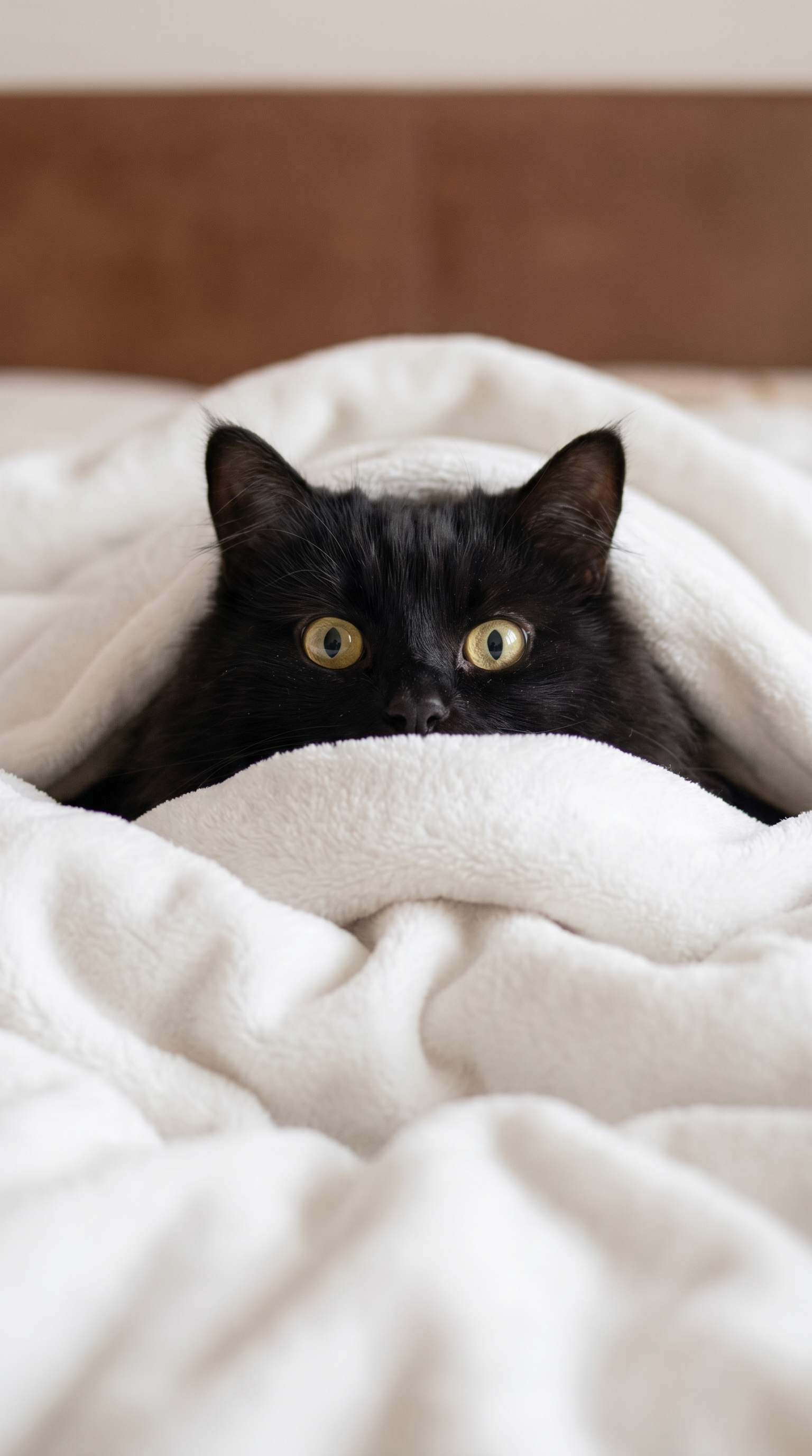 Котёнок выглядывает из-под одеяла