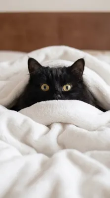Котёнок выглядывает из-под одеяла