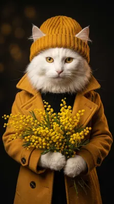 Кошка в жёлтой шапке и пальто с букетом мимозы