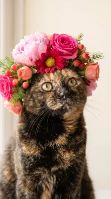 Кошка в венке из пышных розовых цветов