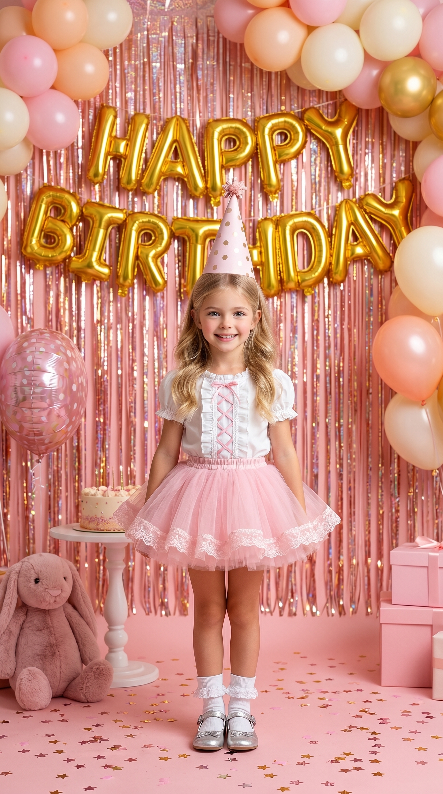 Девочка в розовом колпачке у фона Happy Birthday