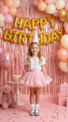Девочка в розовом колпачке у фона Happy Birthday