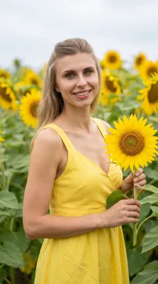 Женщина в жёлтом платье с подсолнухом в поле
