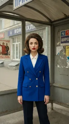 Женщина на остановке — синий двубортный пиджак, причёска 60-х, красная помада