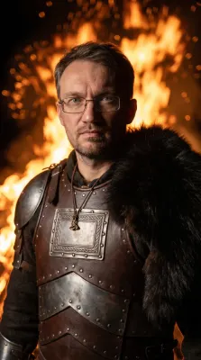 Воин на фоне пылающего огня