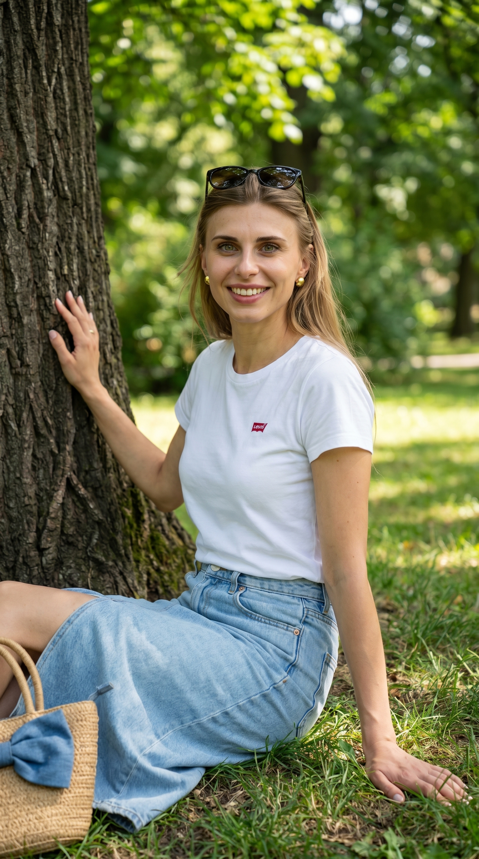 Белая футболка с джинсовой юбкой у дерева в парке