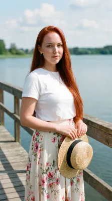 Белая футболка с цветочной юбкой и шляпой на пирсе