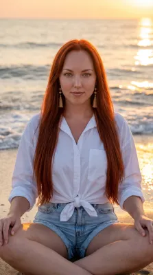 Женщина в белой рубашке и джинсовых шортах на песке у моря