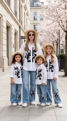 Женщина с детьми в family look на улице с цветущими деревьями