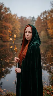 (03) Женщина в зелёном плаще у осеннего пруда