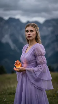 (04) Женщина со светящимся кристаллом в горах